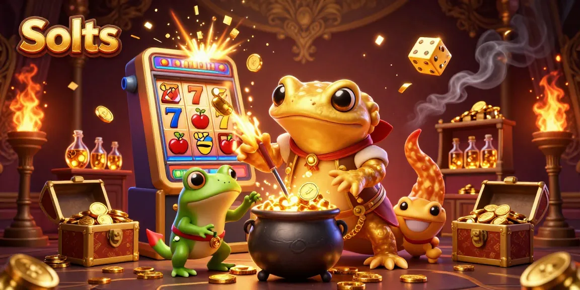 Spin and win with Slots as the golden salamander alchemist creates coins in a vibrant casino scene.
