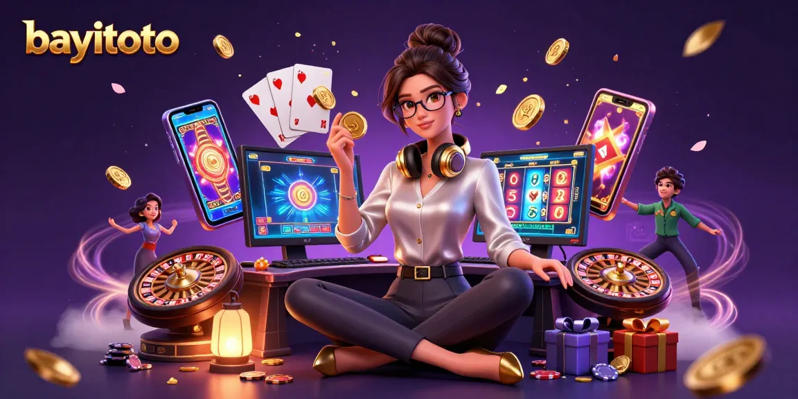 Engage with bayitoto's vibrant gaming scene featuring a professional gamer surrounded by dynamic casino elements.