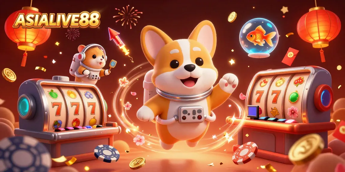 Players explore ASIALIVE88's vibrant space-themed casino with a dynamic cast, including an astronaut corgi and floating elements.