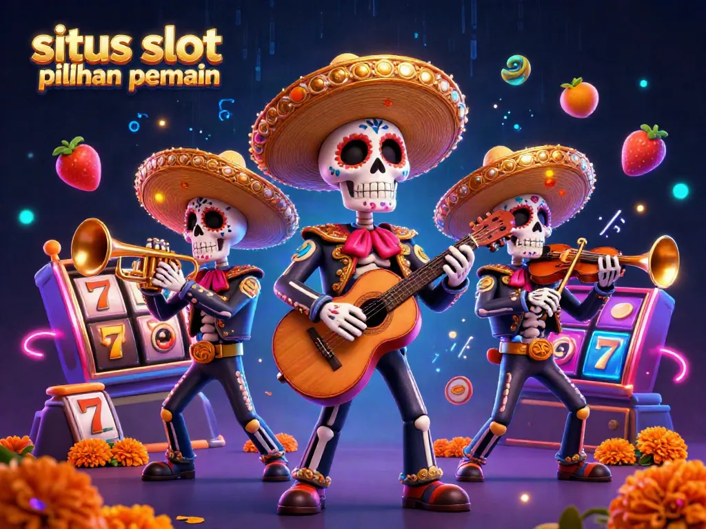 Gambarkan situs slot pilihan pemain dengan karakter skeleton mariachi yang bersenang-senang di dunia slot yang meriah.