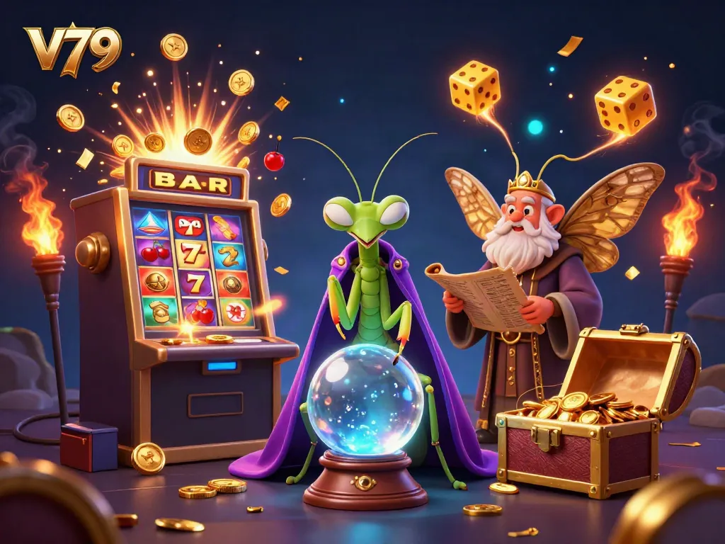 Experience vibrant gaming action at V79 with an enchanting scene of fortune tellers and epic jackpots.