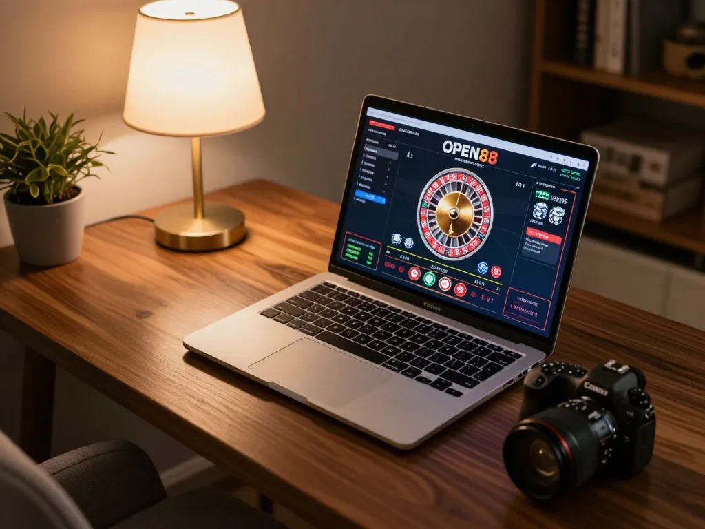 Gambling strategy at open88 com with live roulette displayed on a laptop.