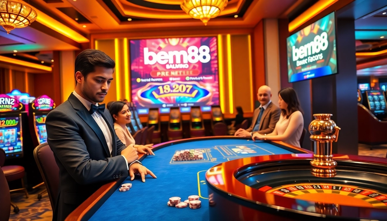Experience the excitement of gaming at Bem88 with vibrant slot machines and a lively atmosphere.