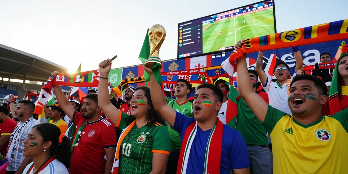 Fans celebrating during the World Cup 2026 match, showcasing vibrant jerseys, flags, and an energetic stadium atmosphere.