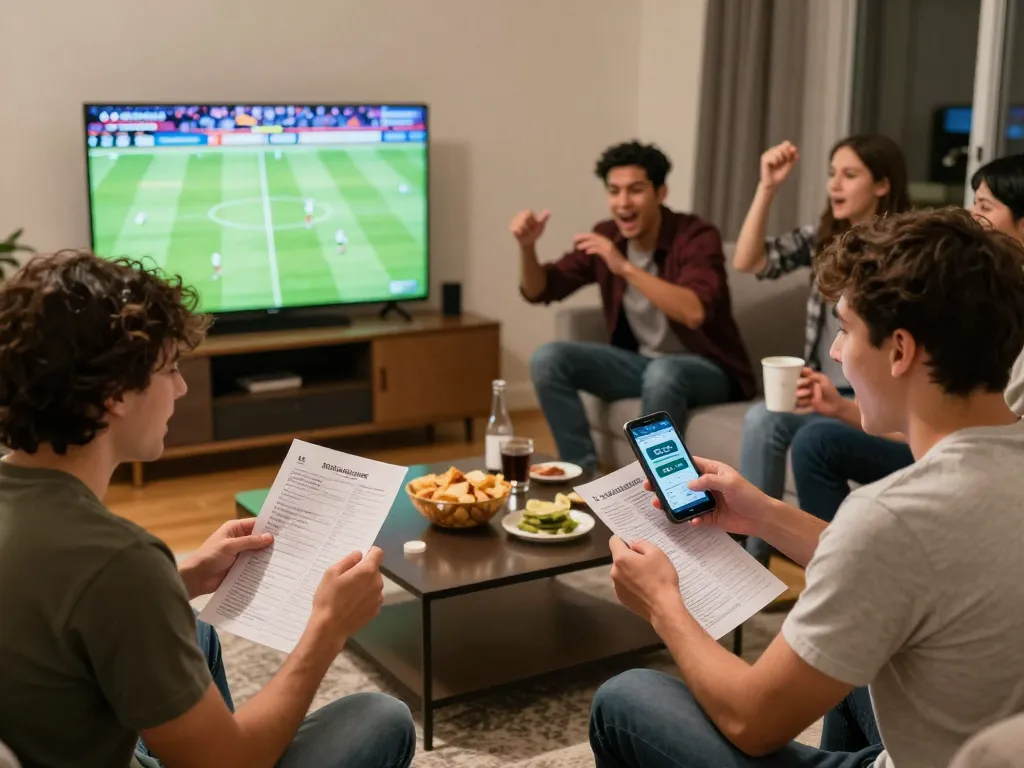 Soi kèo bóng đá action as friends excitedly discuss betting strategies while watching a match.