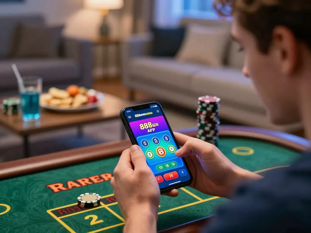 Engaging gameplay on the 888newcasino app with a player interacting on a smartphone in a lively home setting.