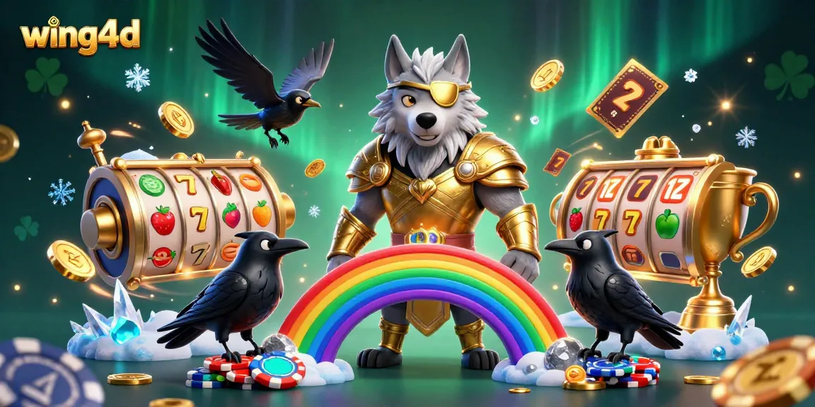 Experience thrilling action at wing4d with a 3D illustration of Odin and his ravens in a vibrant casino-themed world.