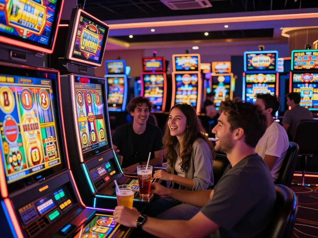 Friends enjoying link gacor slot games in a lively casino with vibrant lights and excitement.