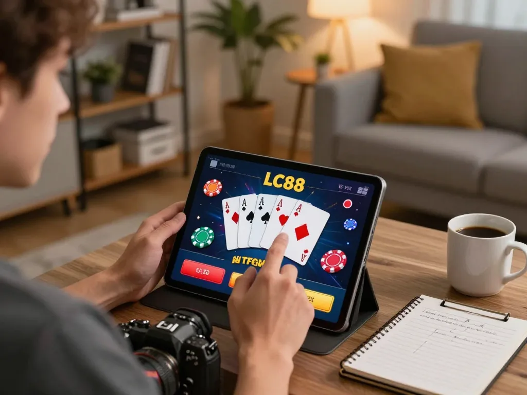 Engaging in online casino gaming with LC88 app on a cozy tablet setup.