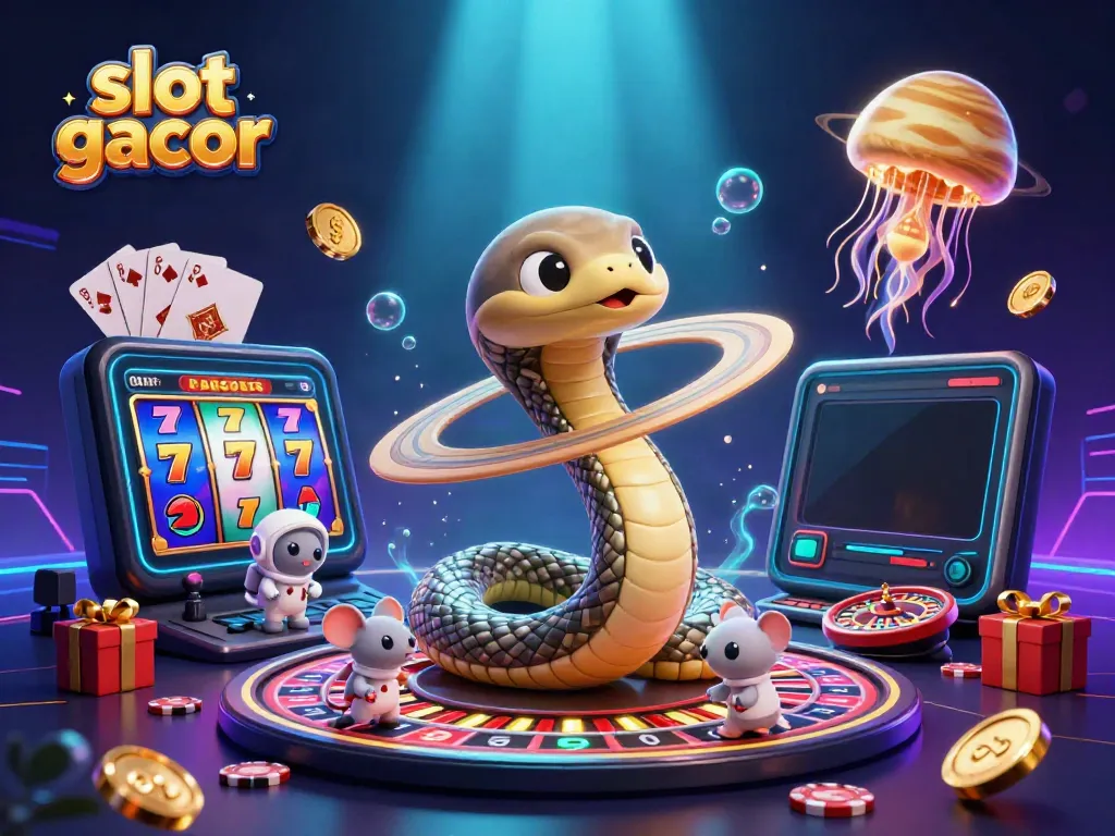 Experience thrilling gameplay with slot gacor visuals, featuring a vibrant cosmic scene of characters and casino elements.