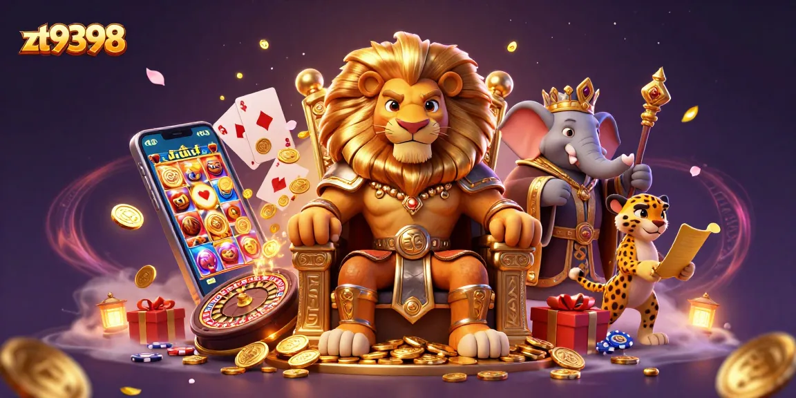 Engage with zt9398's 3D scene showcasing a fierce lion king and exciting gambling elements.