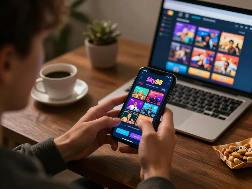Sky88 user engaging in mobile gambling with exciting casino app on smartphone while enjoying a cozy home ambiance.