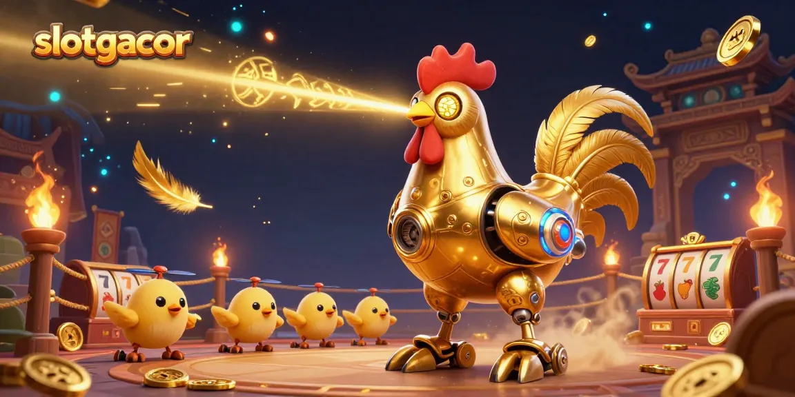 Experience thrilling slotgacor action with a golden rooster robot amidst dynamic casino elements.