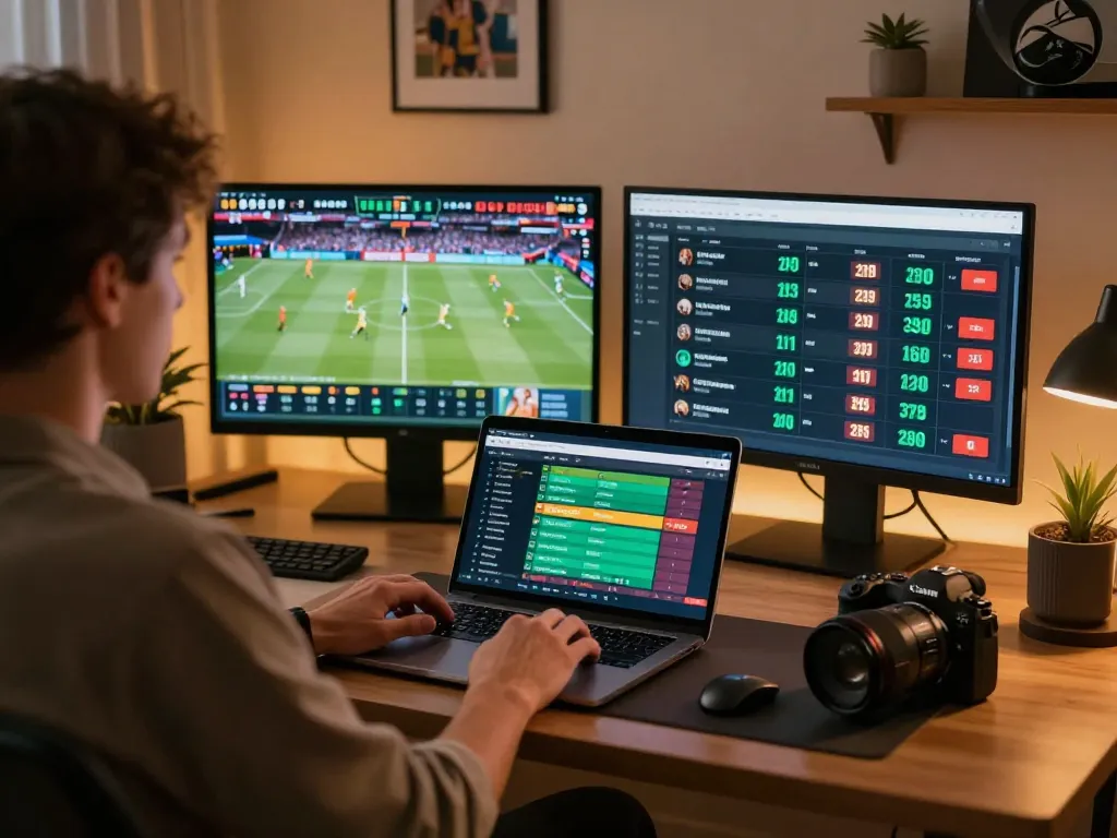 Engaging in online sports betting on a laptop while watching live games, featuring easy link vào for seamless access.