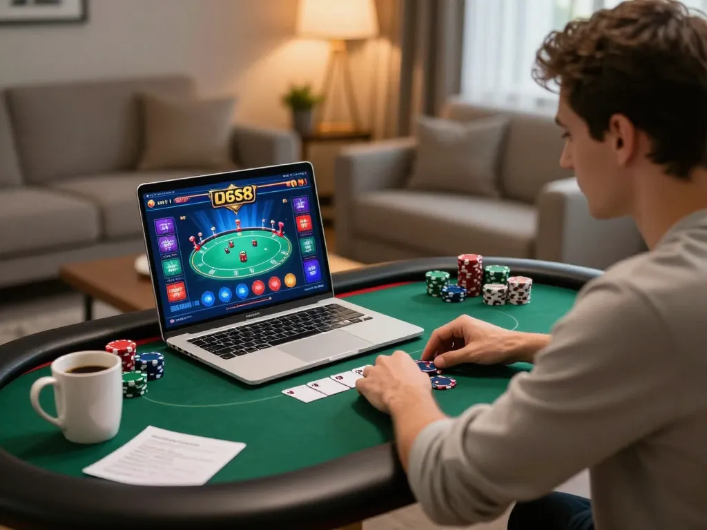 Player strategizing in online poker game at home using lucks8, showcasing excitement and strategy.