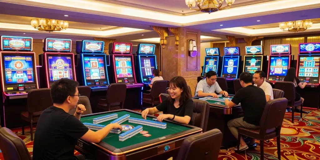 Mesin slot Mahjong yang menarik perhatian dengan pemain bahagia di kasino.