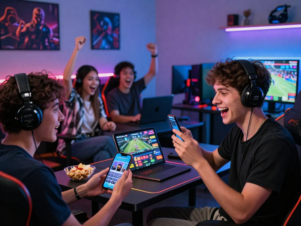Users interacting with the FairPlay app in a vibrant gaming setup, showcasing a thrilling atmosphere.