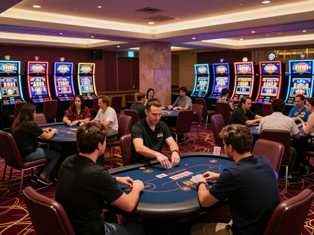Players enjoying hands-on action at 789club poker tables in an upscale casino setting.