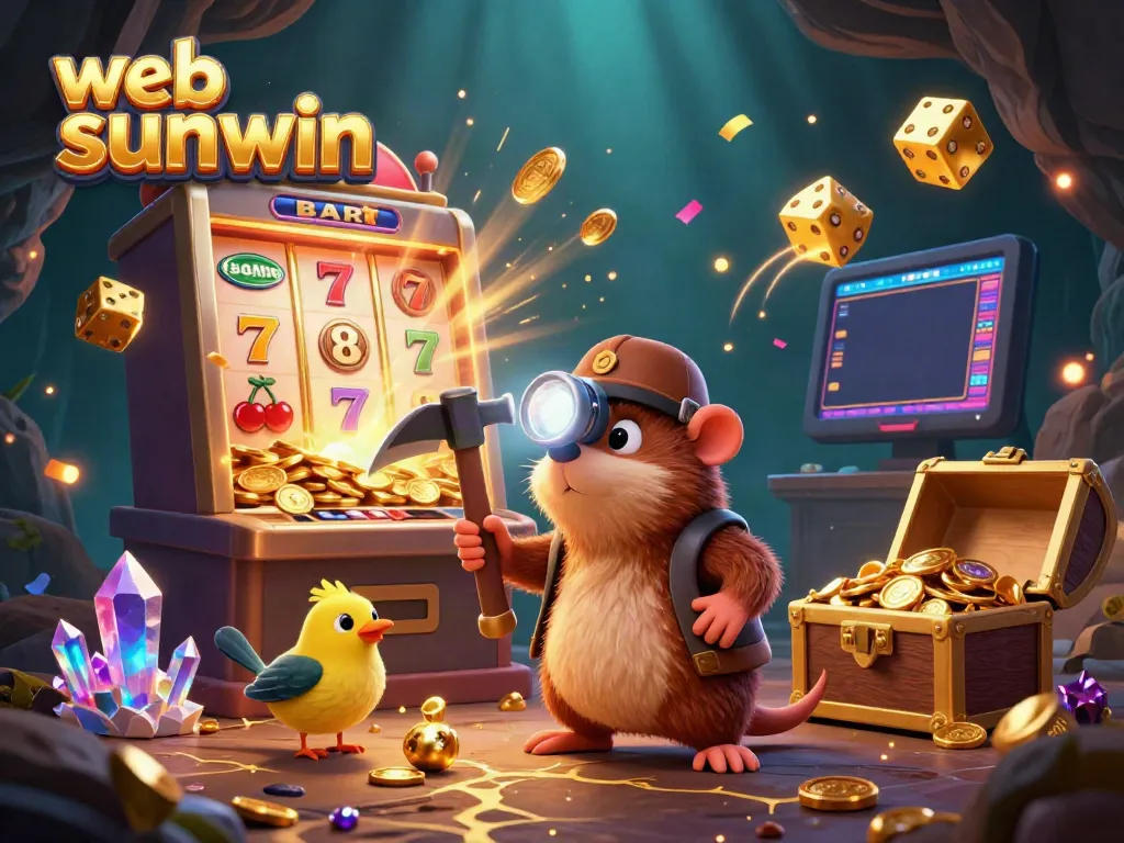 Experience the web sunwin excitement with slots and golden treasures in this vivid illustration.