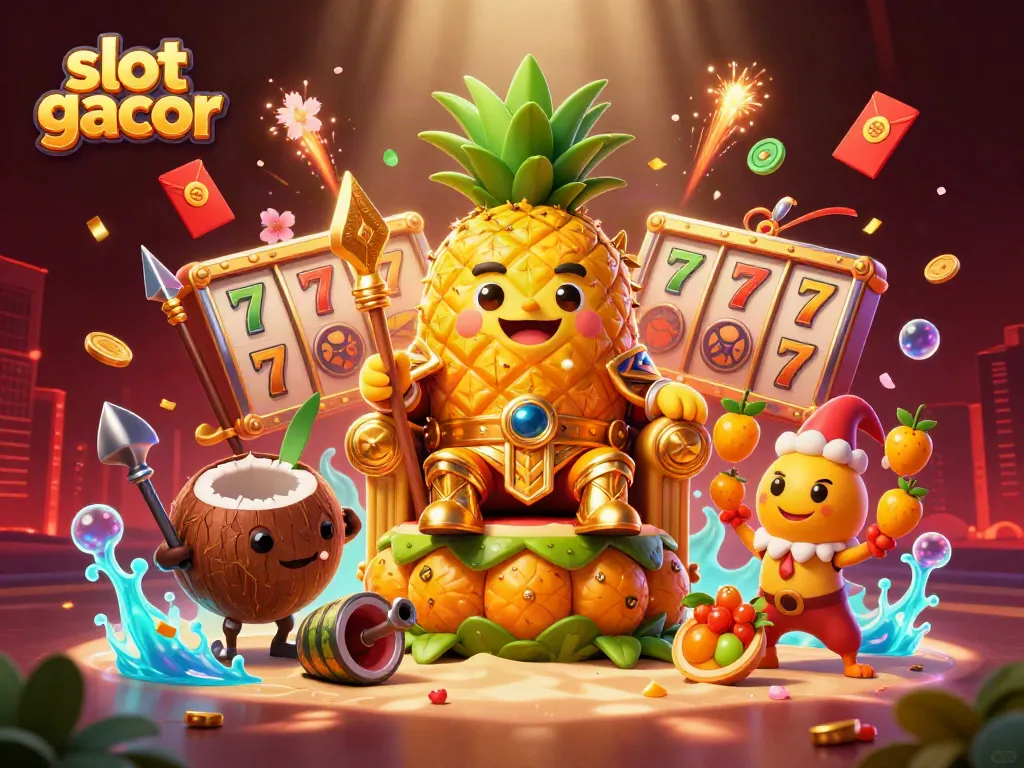 Experience slot gacor excitement with a vibrant beach casino scene featuring lively 3D characters.