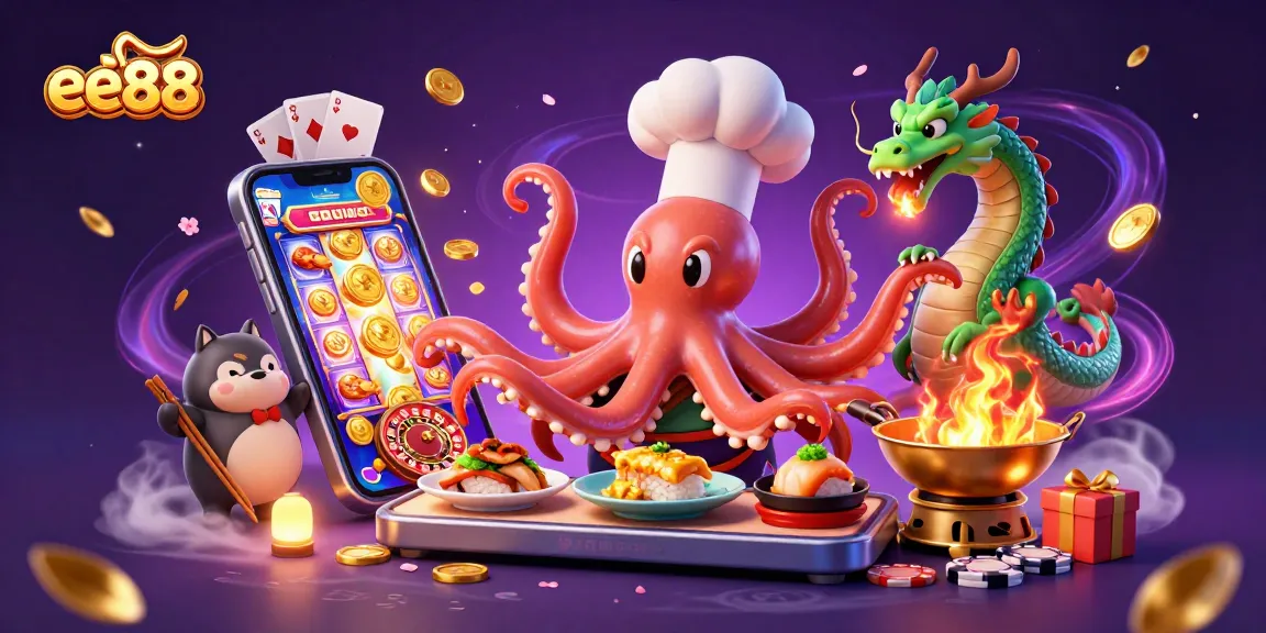 Engage with ee88's vibrant casino universe featuring a whimsical octopus chef, dragon, and gaming elements.