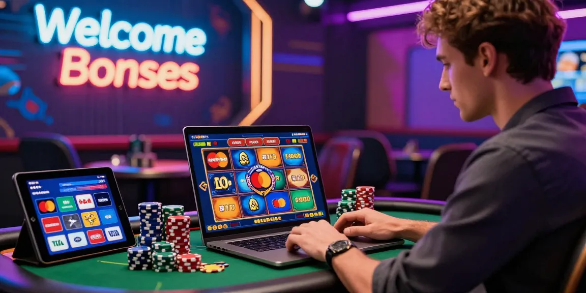 The dynamic online casino experience at https://being-there.org.uk, showcasing a player engaging with a laptop displaying vibrant slot games and credit card brands.