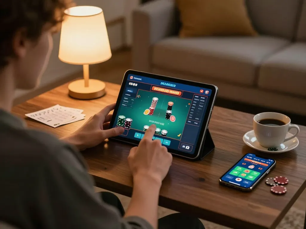 Player engaging in online poker with VN23 tablet setup, showcasing strategic notes and betting app for responsible gambling.