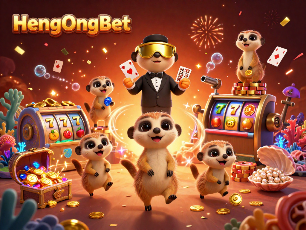 Engage with HengOngBet's lively casino scene featuring meerkats as casino characters amidst vibrant slot elements.