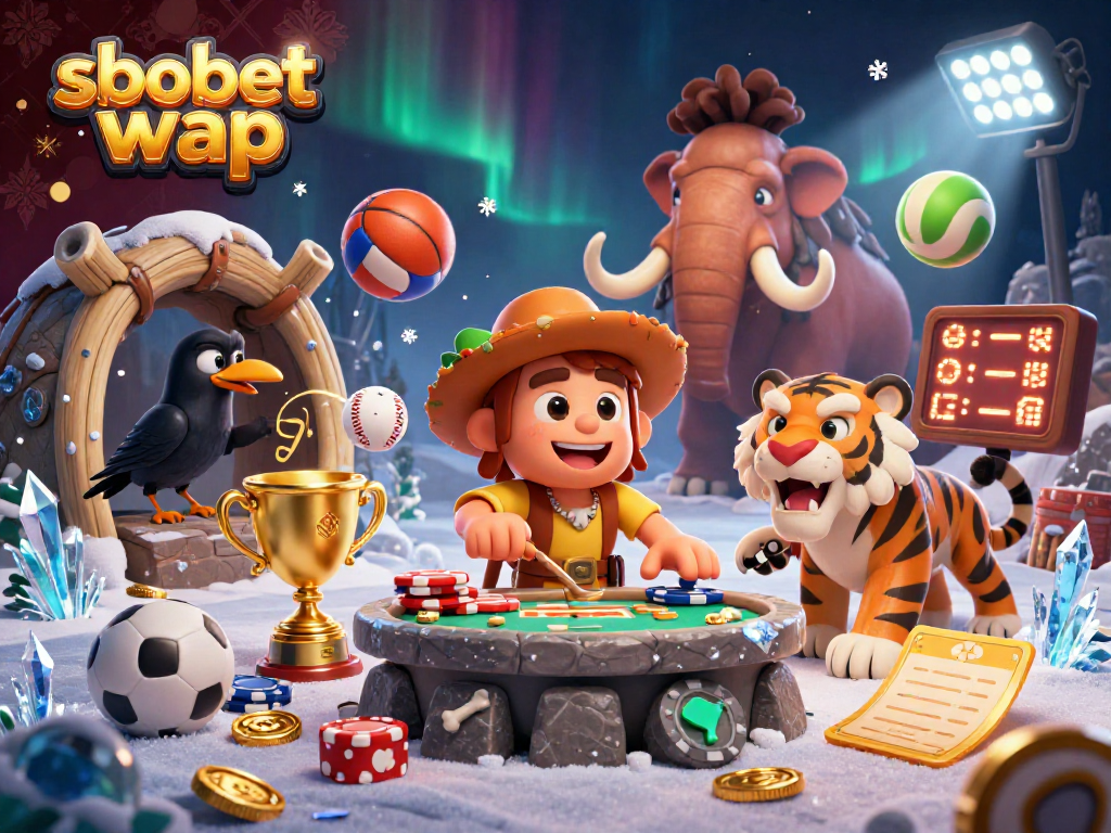 Experience sbobet wap in a dynamic prehistoric casino scene with sports elements, vibrant colors, and engaging gameplay.
