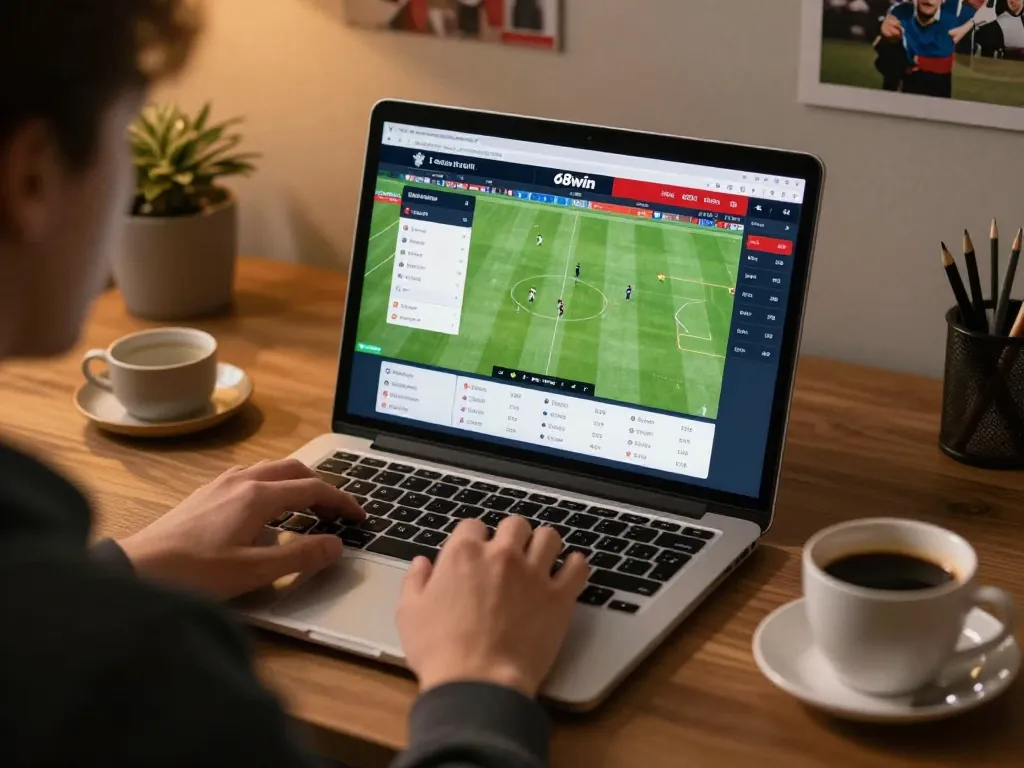 Person engaged in online sports betting on 68win from home, laptop displaying live game statistics and betting options.