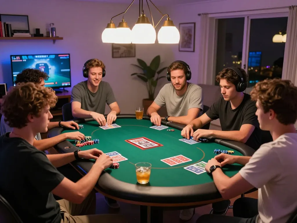Friends enjoying a thrilling game of online poker at home using Rikvip app, showcasing lively atmosphere and engagement.