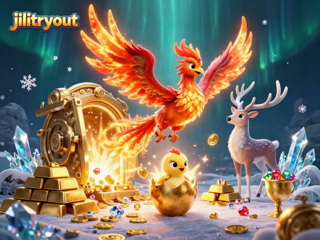 Engage in jilitryout with a vivid 3D illustration of a phoenix, golden treasures, and gaming symbols.