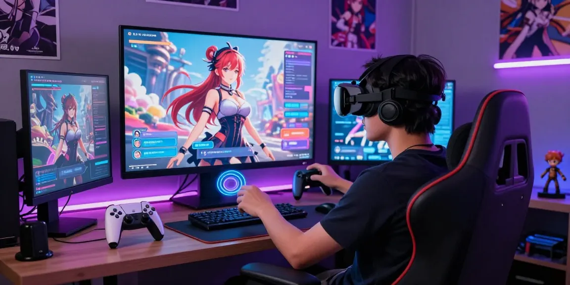 Engaging scene of a user exploring hentai AI chat with vibrant anime characters and futuristic VR setup.