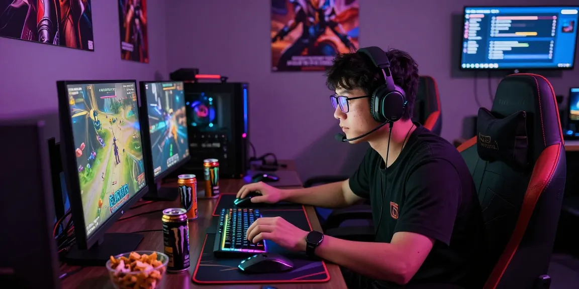 Gamer focused on coloksgp link alternatif, complete with gaming setup and lively atmosphere.