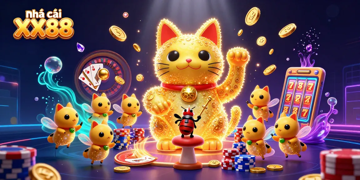 Experience the excitement of Nhà cái XX88 with a vibrant lucky cat amidst casino symbols.