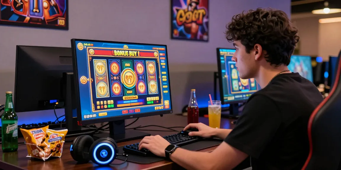 Engaged player exploring bonus buy slots UK on an immersive online casino setup with colorful screens.