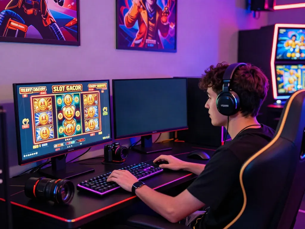 Player celebrating a win on SLOT GACOR in a vibrant gaming setup.