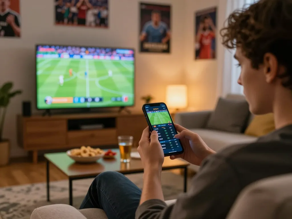 Engage in exciting sports betting with cm88 on a smartphone, featuring live odds in a cozy atmosphere.