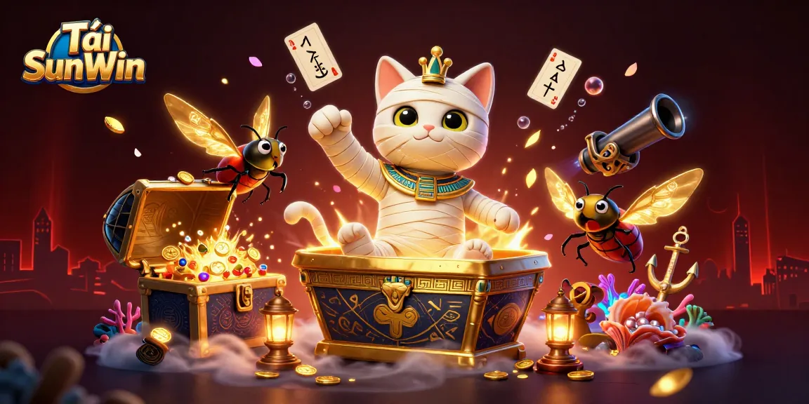 Tải SunWin features a dynamic scene with a cartoon Egyptian mummy cat, golden treasures, and casino elements.