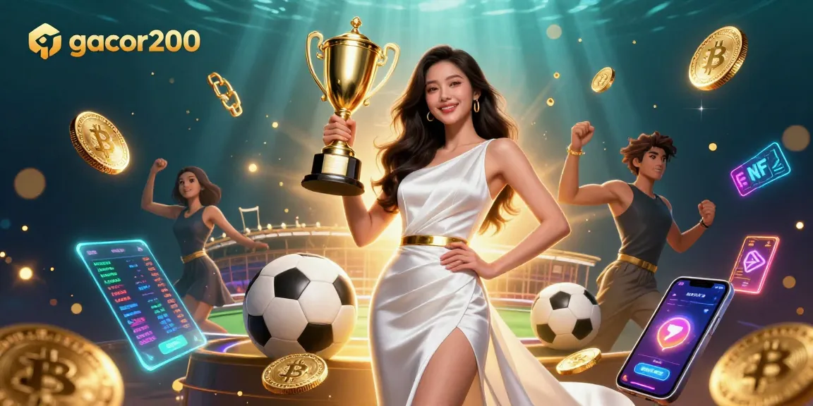 Engage with the thrilling world of gacor200, featuring a confident Asian woman celebrating with a trophy in a vibrant casino scene.