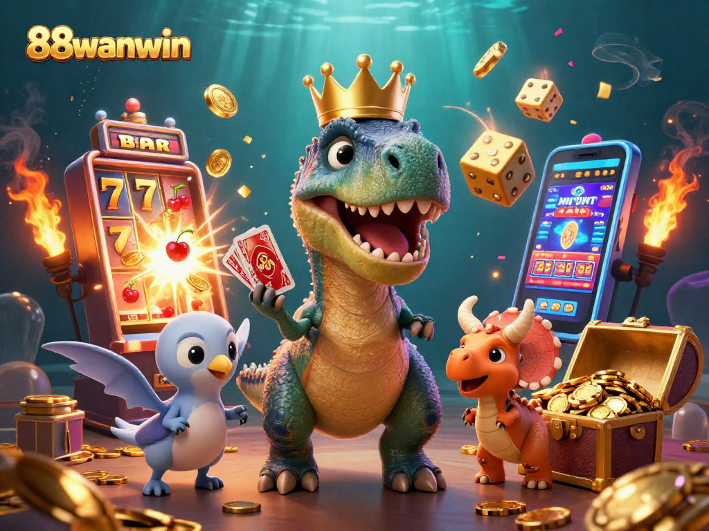 Experience thrilling gameplay at 88wanwin with cartoon dinosaurs enjoying slots and card games.