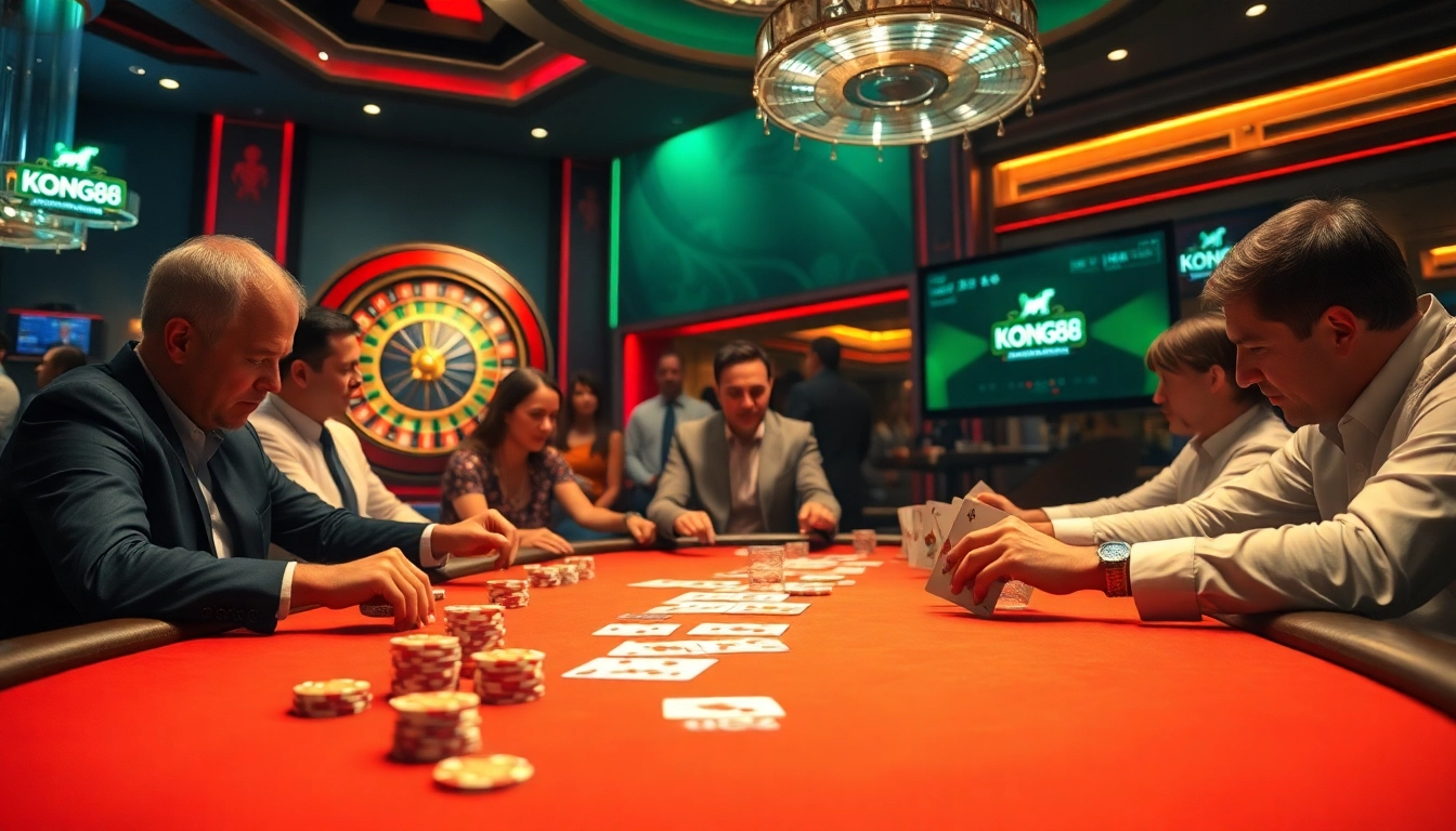 KONG88 players strategizing at a poker table amid vibrant casino lights and a spinning roulette wheel.