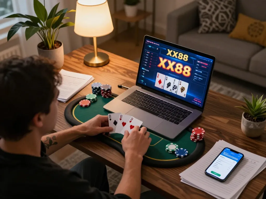 Engaging in exciting online poker at XX88, showcasing modern setup with strategy notes and laptop screen.