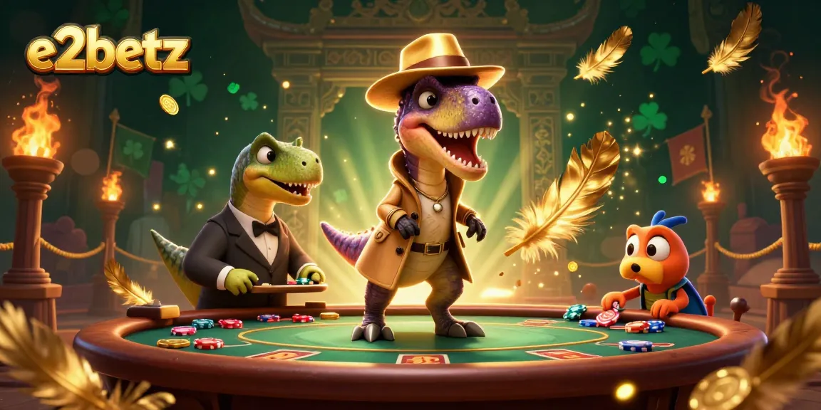 Enhance your gaming experience with e2betz at the blackjack table, featuring animated dinosaur characters.