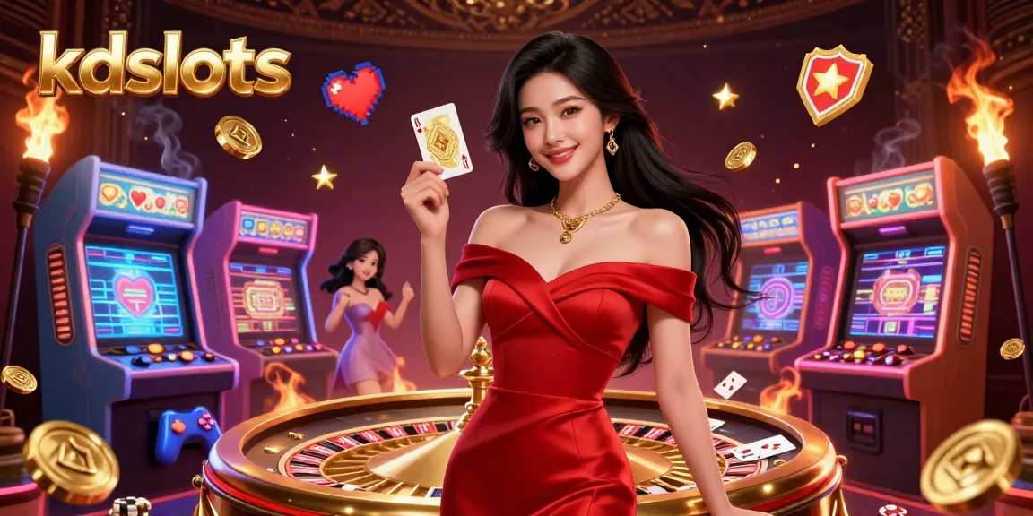 Experience elite gaming with kdslots as a stunning Asian woman holds a golden card by a roulette wheel amidst vibrant casino elements.