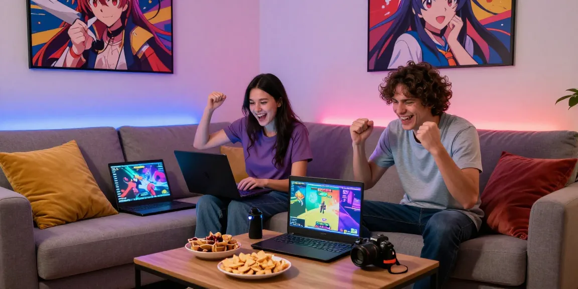Friends enjoying ecchi game session in cozy living room with snacks.