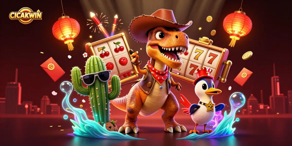 CICAKWIN spins the reels with a cartoon dinosaur and fun casino elements, celebrating winning moments.