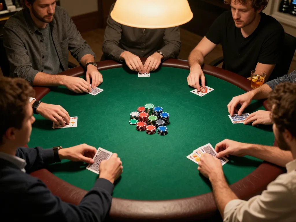 Players engaged in a friendly poker night at home with OPEN88 COM atmosphere, showcasing cards and chips.