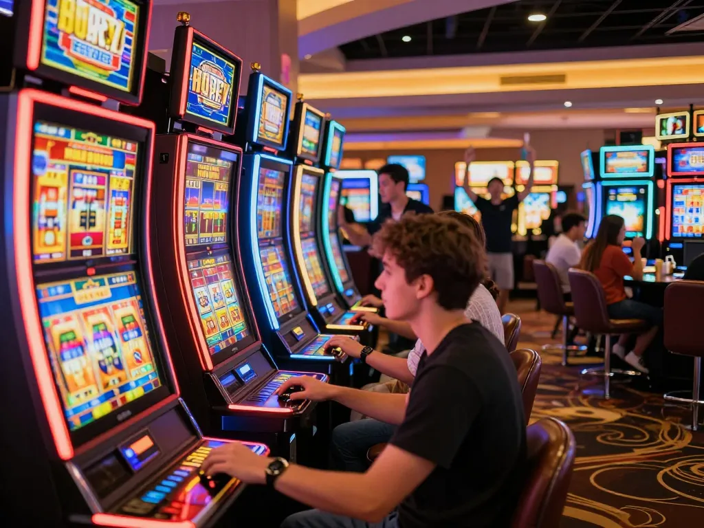 Situs slot gacor excitement with players engaging at vibrant slot machines in a bustling casino.
