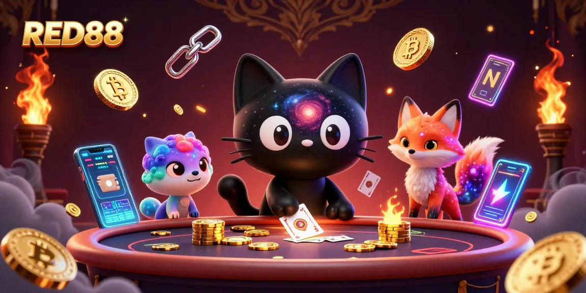 Engage with thrilling RED88 casino games and crypto elements in a vibrant cosmic scene.